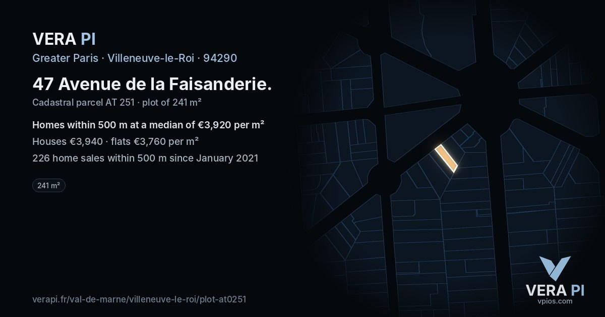 47 Avenue de la Faisanderie, Villeneuve-le-Roi at night – the plot lit, the parcels around coloured by the prices near them