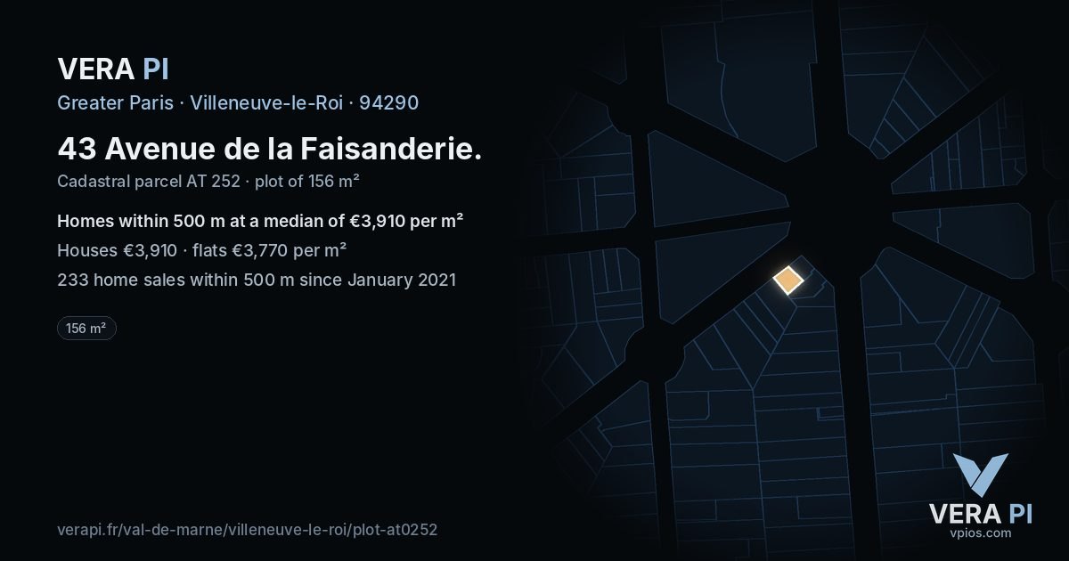 43 Avenue de la Faisanderie, Villeneuve-le-Roi at night – the plot lit, the parcels around coloured by the prices near them