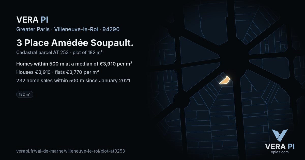 3 Place Amédée Soupault, Villeneuve-le-Roi at night – the plot lit, the parcels around coloured by the prices near them