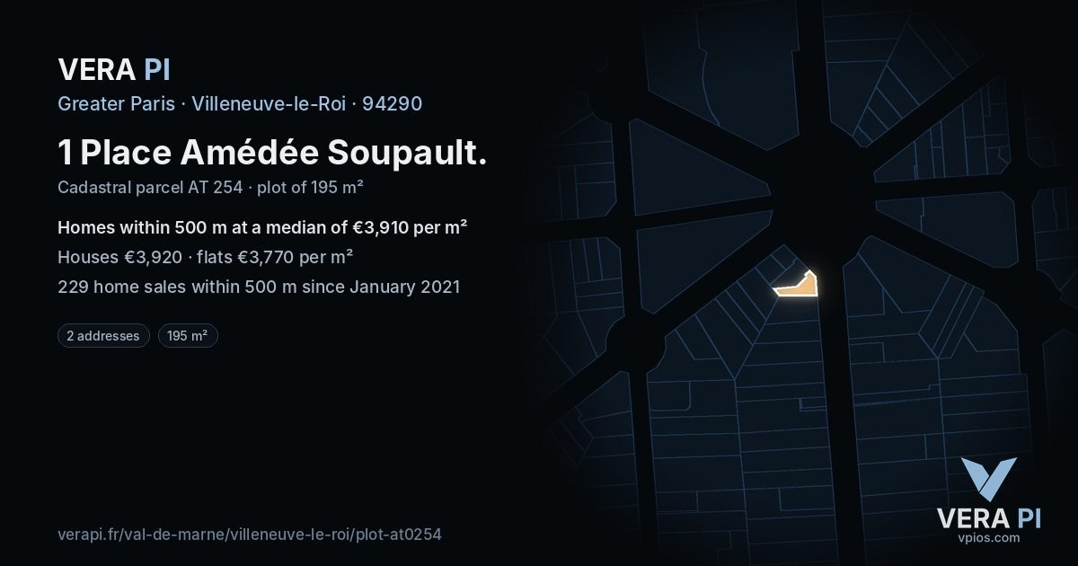 1 Place Amédée Soupault, Villeneuve-le-Roi at night – the plot lit, the parcels around coloured by the prices near them