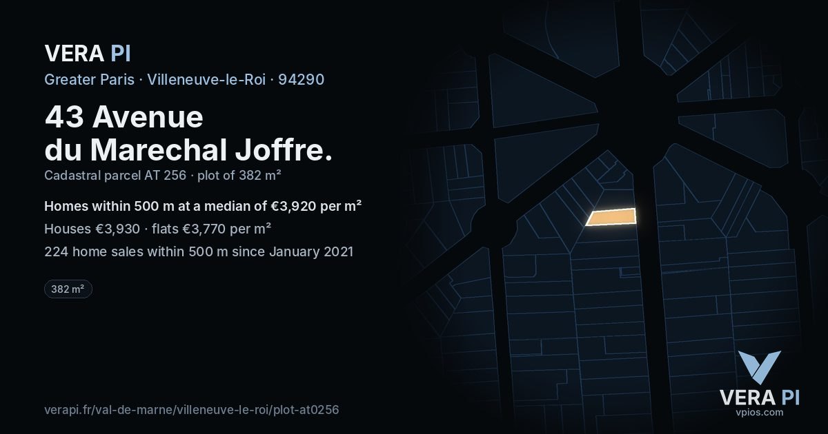 43 Avenue du Marechal Joffre, Villeneuve-le-Roi at night – the plot lit, the parcels around coloured by the prices near them