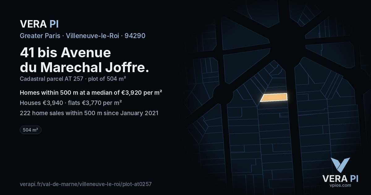 41 bis Avenue du Marechal Joffre, Villeneuve-le-Roi at night – the plot lit, the parcels around coloured by the prices near them
