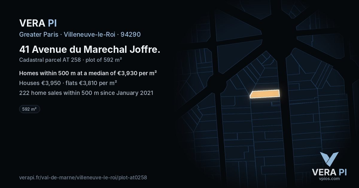 41 Avenue du Marechal Joffre, Villeneuve-le-Roi at night – the plot lit, the parcels around coloured by the prices near them