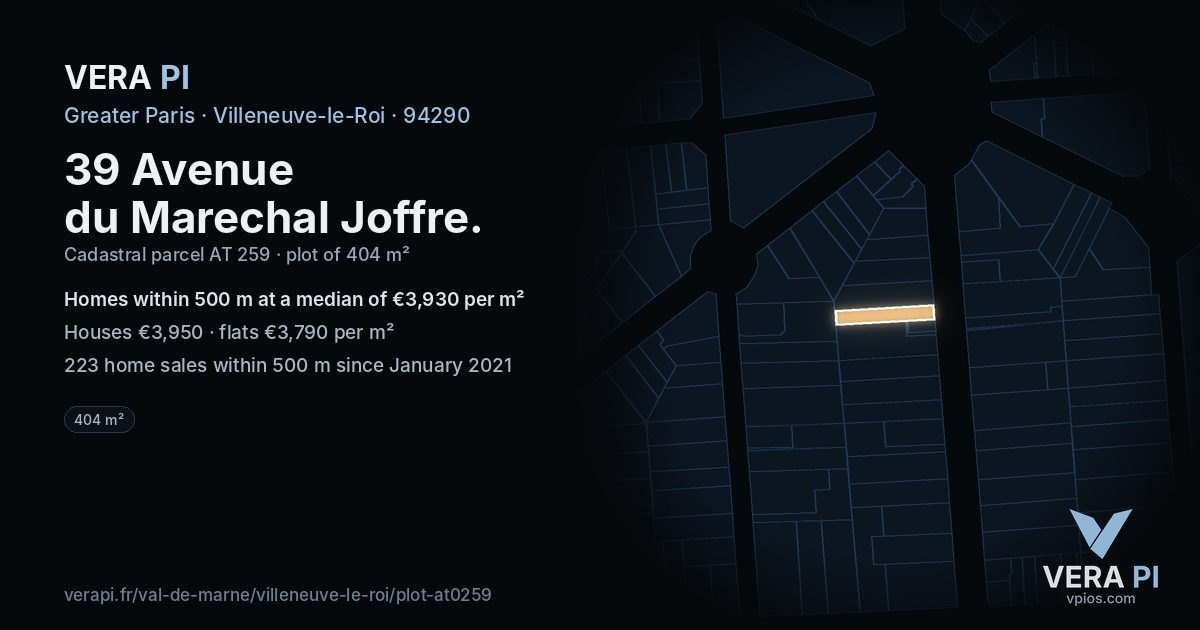 39 Avenue du Marechal Joffre, Villeneuve-le-Roi at night – the plot lit, the parcels around coloured by the prices near them