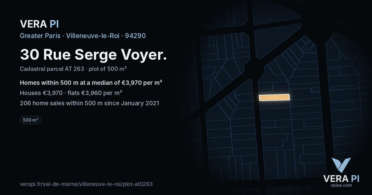 30 Rue Serge Voyer, Villeneuve-le-Roi at night – the plot lit, the parcels around coloured by the prices near them