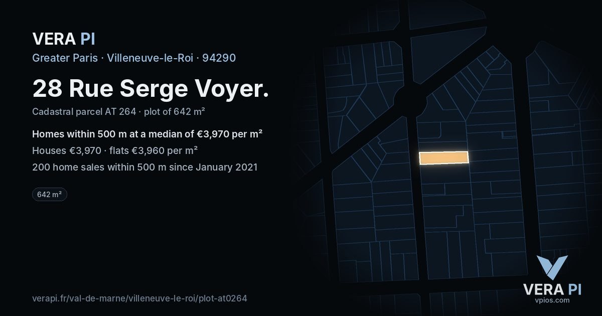 28 Rue Serge Voyer, Villeneuve-le-Roi at night – the plot lit, the parcels around coloured by the prices near them