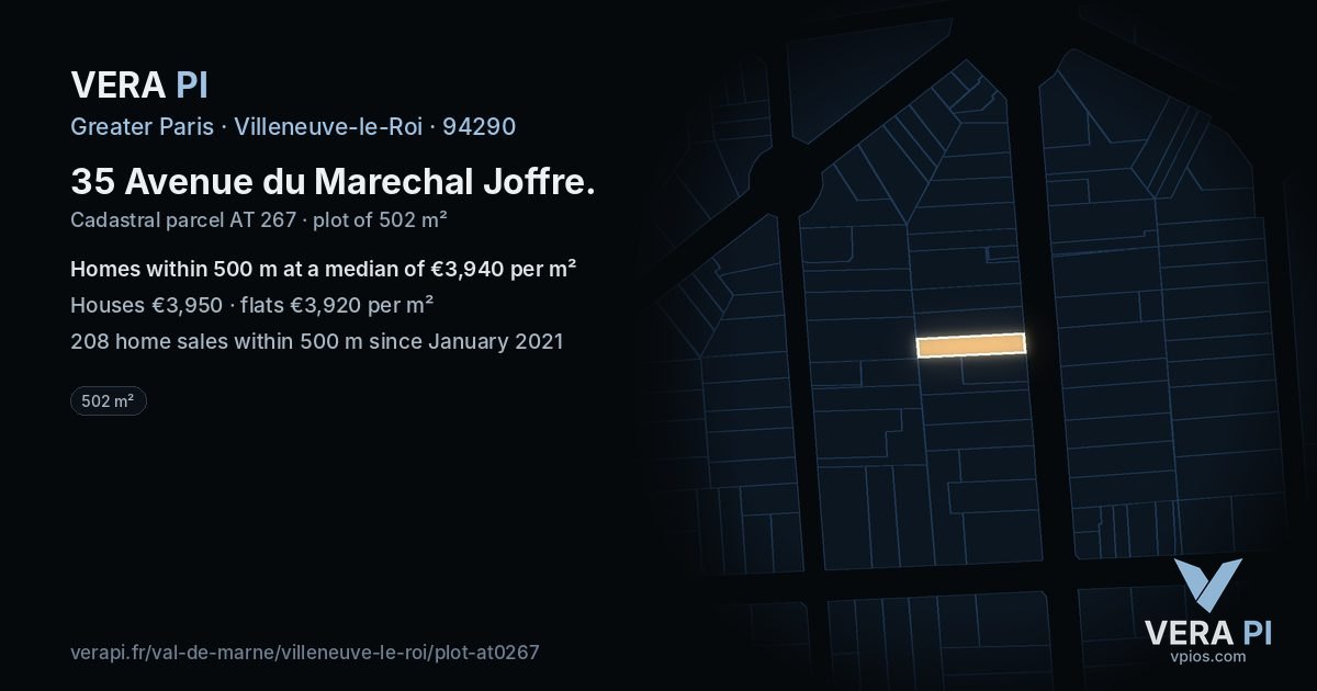 35 Avenue du Marechal Joffre, Villeneuve-le-Roi at night – the plot lit, the parcels around coloured by the prices near them