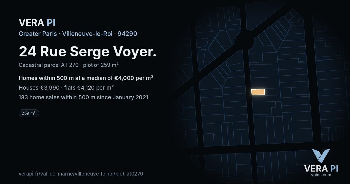 24 Rue Serge Voyer, Villeneuve-le-Roi at night – the plot lit, the parcels around coloured by the prices near them