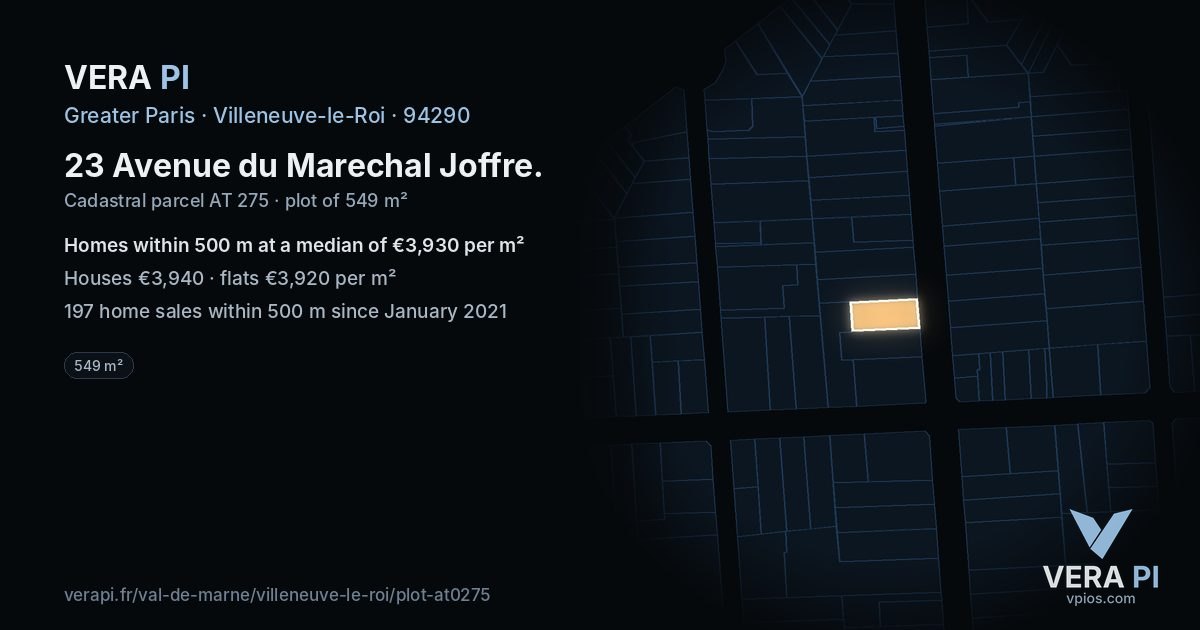 23 Avenue du Marechal Joffre, Villeneuve-le-Roi at night – the plot lit, the parcels around coloured by the prices near them