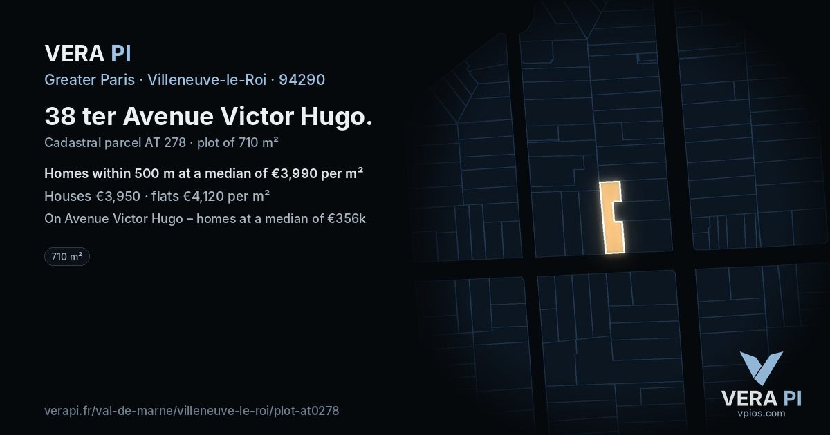 38 ter Avenue Victor Hugo, Villeneuve-le-Roi at night – the plot lit, the parcels around coloured by the prices near them
