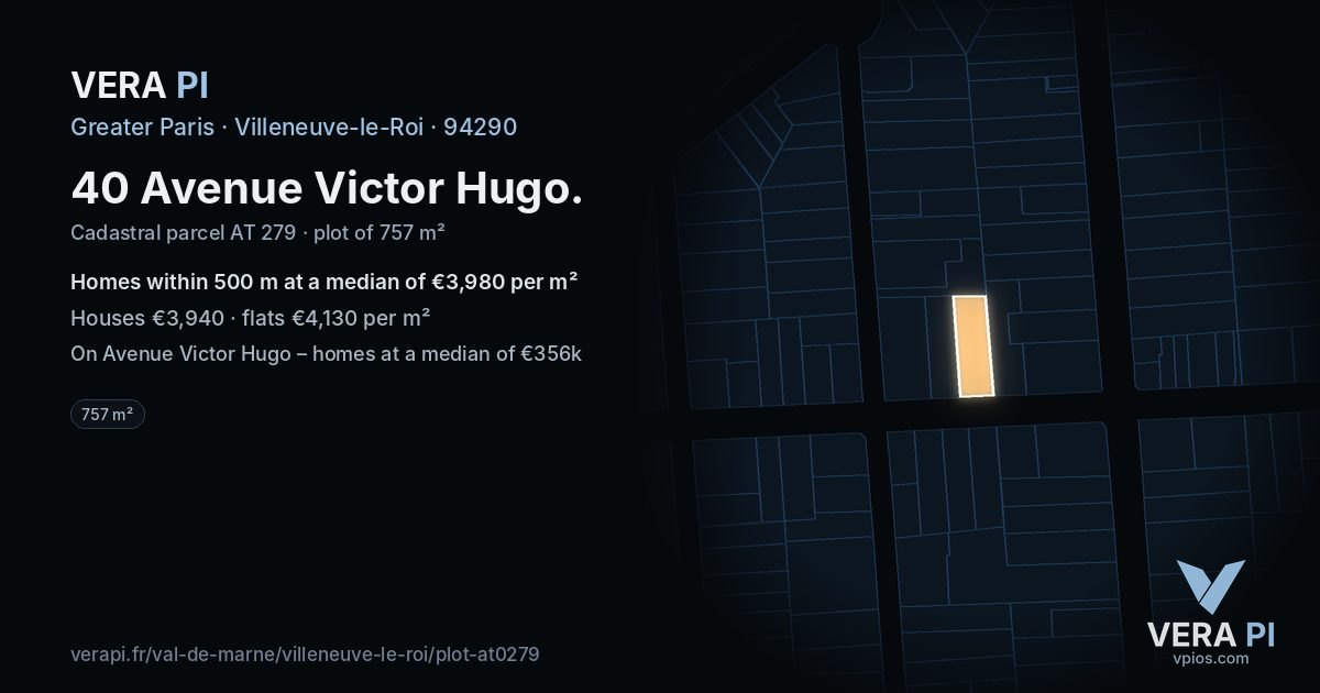 40 Avenue Victor Hugo, Villeneuve-le-Roi at night – the plot lit, the parcels around coloured by the prices near them