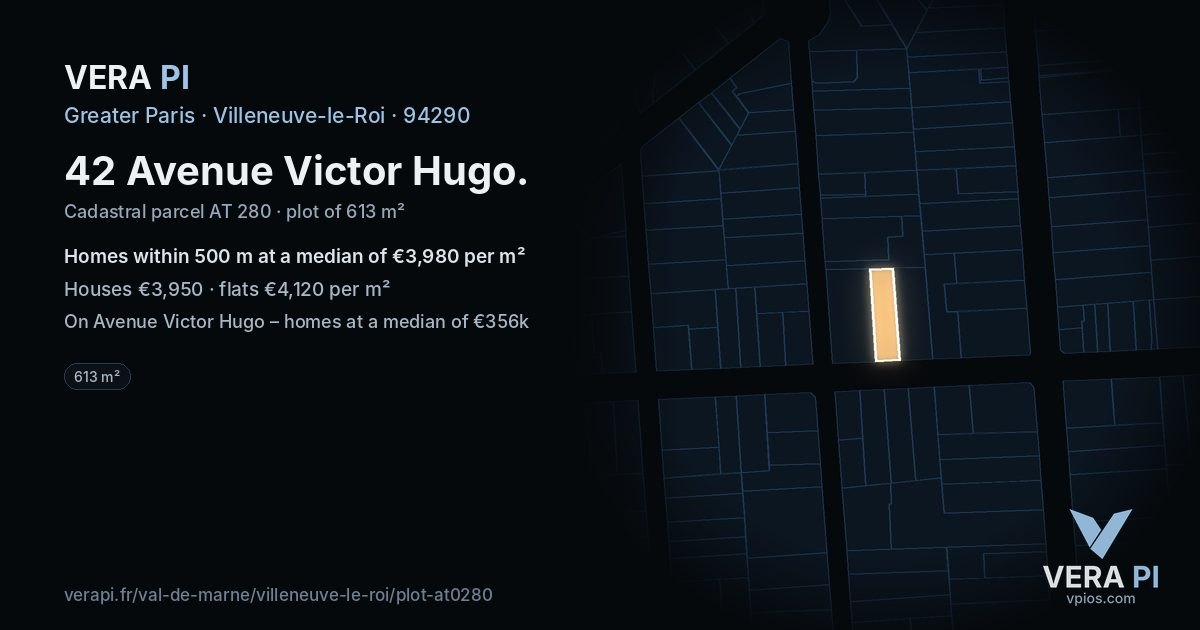 42 Avenue Victor Hugo, Villeneuve-le-Roi at night – the plot lit, the parcels around coloured by the prices near them