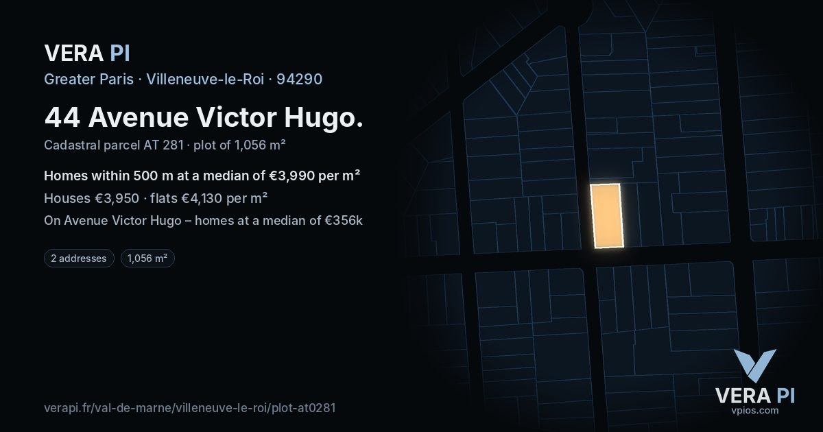 44 Avenue Victor Hugo, Villeneuve-le-Roi at night – the plot lit, the parcels around coloured by the prices near them