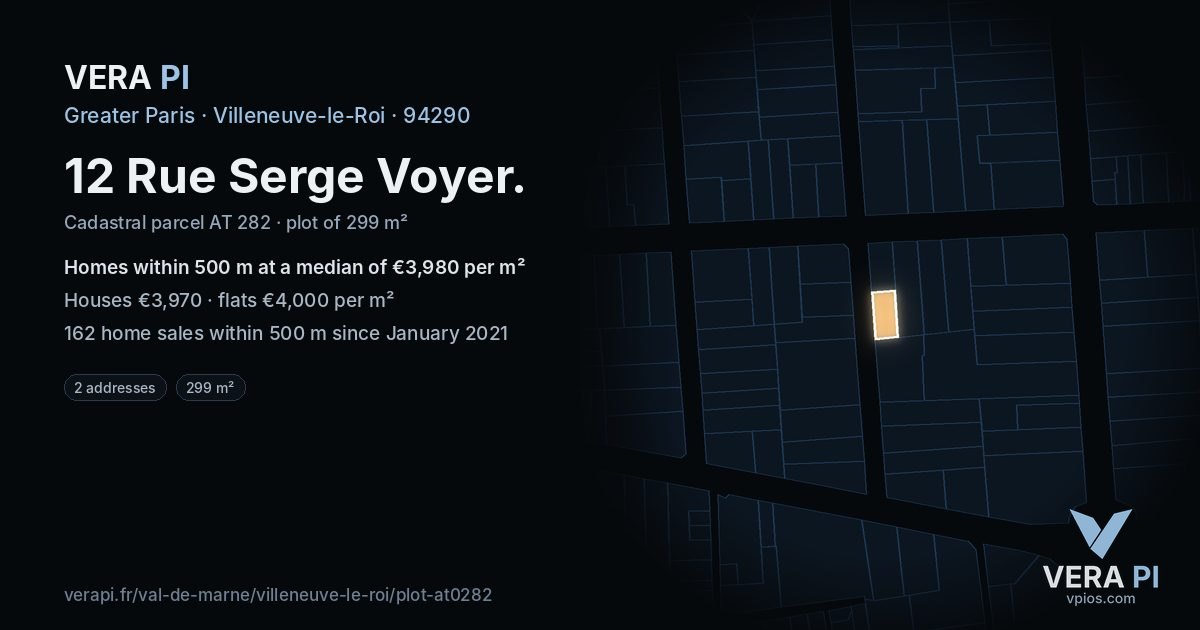 12 Rue Serge Voyer, Villeneuve-le-Roi at night – the plot lit, the parcels around coloured by the prices near them