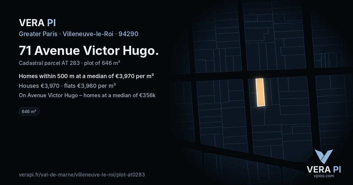 71 Avenue Victor Hugo, Villeneuve-le-Roi at night – the plot lit, the parcels around coloured by the prices near them