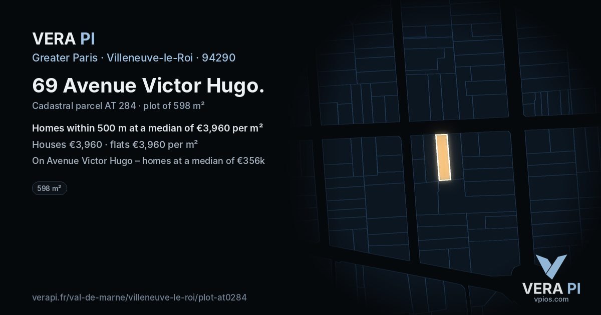 69 Avenue Victor Hugo, Villeneuve-le-Roi at night – the plot lit, the parcels around coloured by the prices near them