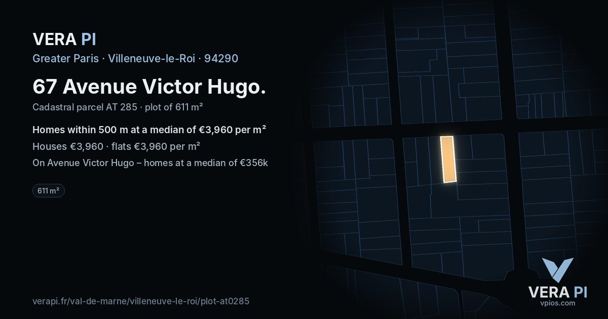 67 Avenue Victor Hugo, Villeneuve-le-Roi at night – the plot lit, the parcels around coloured by the prices near them