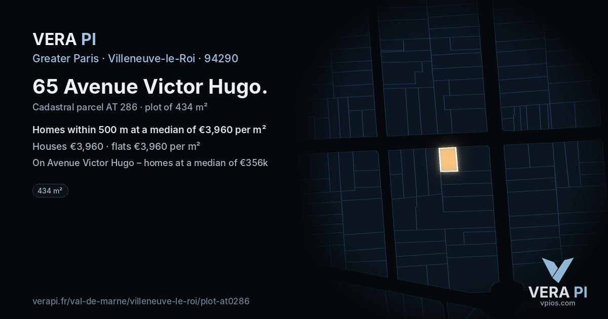 65 Avenue Victor Hugo, Villeneuve-le-Roi at night – the plot lit, the parcels around coloured by the prices near them
