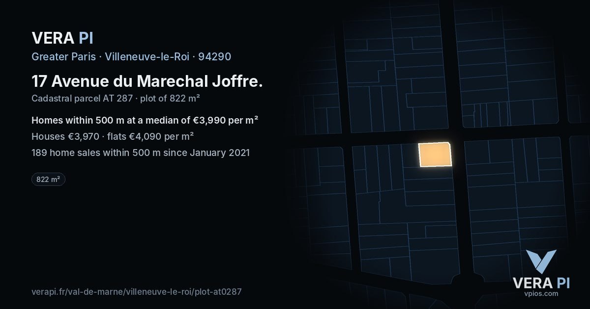 17 Avenue du Marechal Joffre, Villeneuve-le-Roi at night – the plot lit, the parcels around coloured by the prices near them