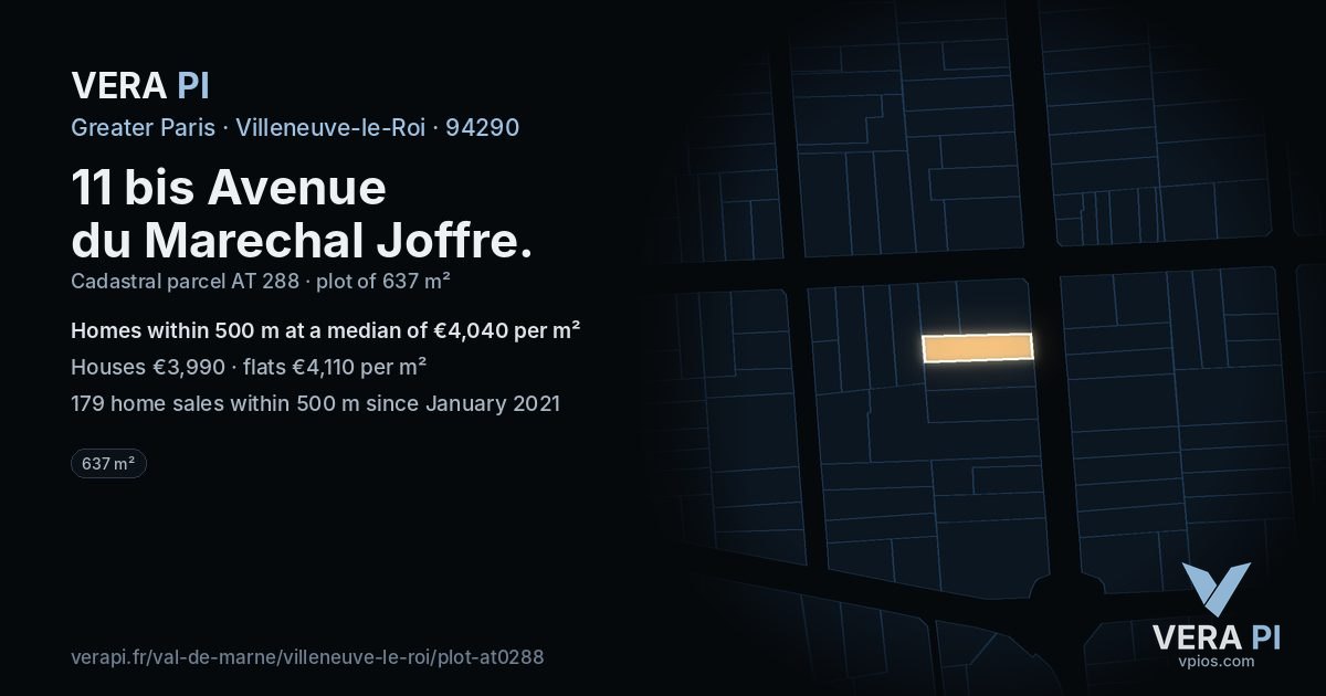 11 bis Avenue du Marechal Joffre, Villeneuve-le-Roi at night – the plot lit, the parcels around coloured by the prices near them