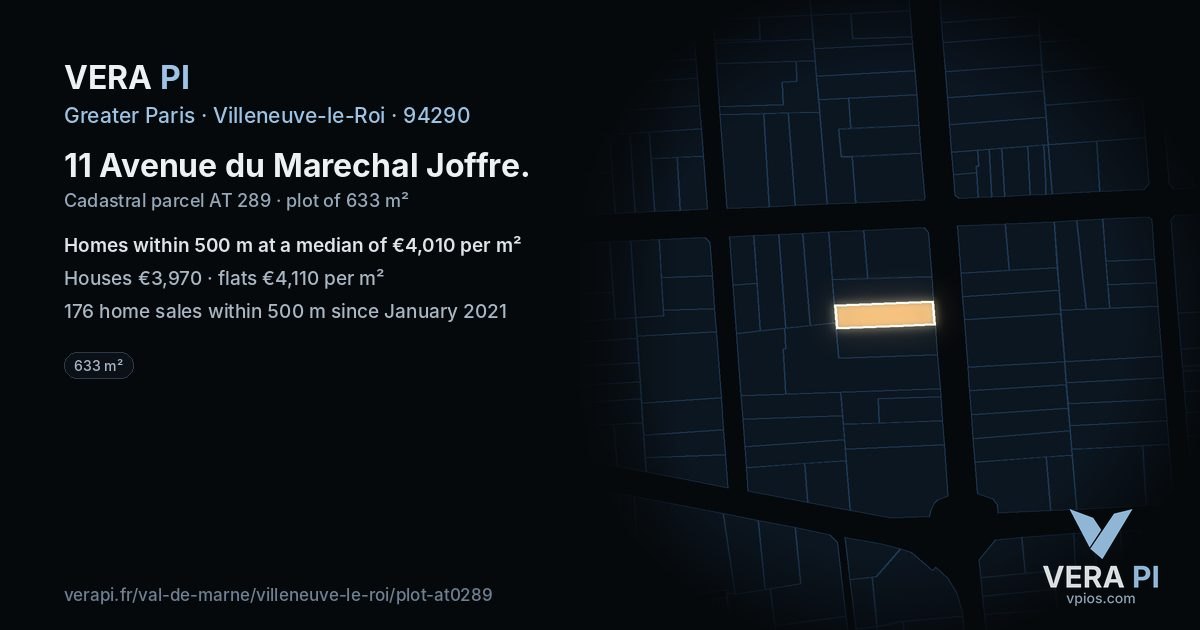 11 Avenue du Marechal Joffre, Villeneuve-le-Roi at night – the plot lit, the parcels around coloured by the prices near them