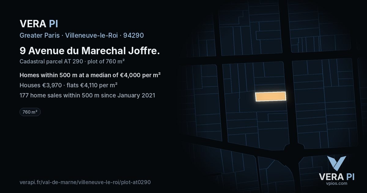 9 Avenue du Marechal Joffre, Villeneuve-le-Roi at night – the plot lit, the parcels around coloured by the prices near them