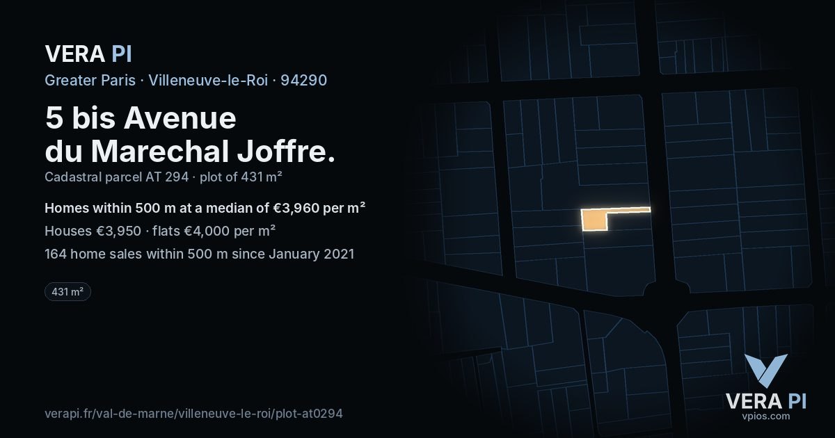 5 bis Avenue du Marechal Joffre, Villeneuve-le-Roi at night – the plot lit, the parcels around coloured by the prices near them