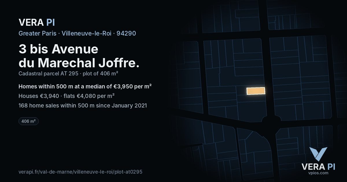 3 bis Avenue du Marechal Joffre, Villeneuve-le-Roi at night – the plot lit, the parcels around coloured by the prices near them