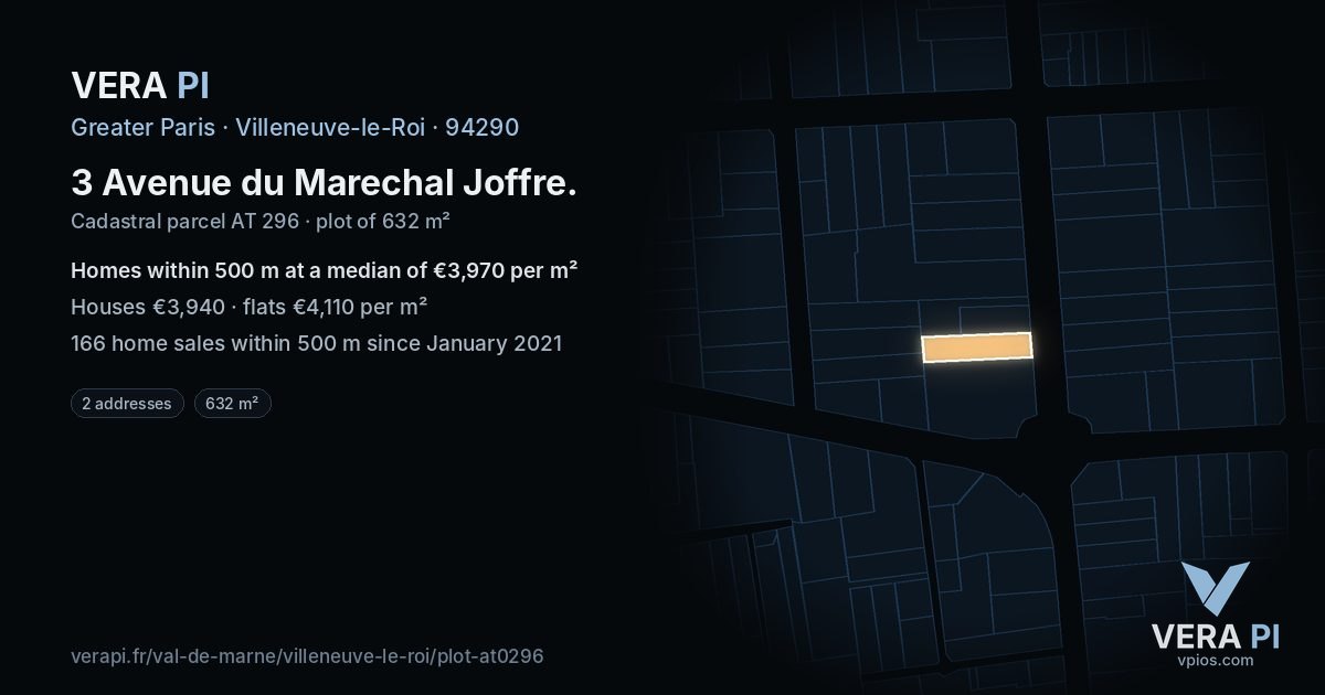 3 Avenue du Marechal Joffre, Villeneuve-le-Roi at night – the plot lit, the parcels around coloured by the prices near them