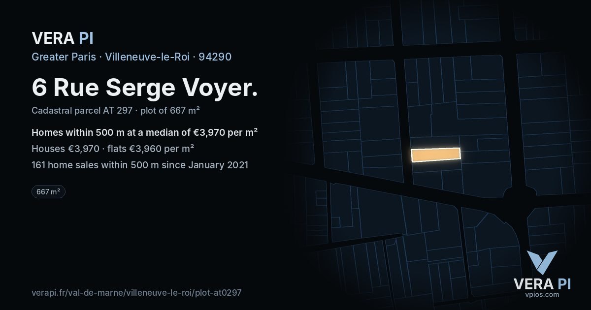 6 Rue Serge Voyer, Villeneuve-le-Roi at night – the plot lit, the parcels around coloured by the prices near them
