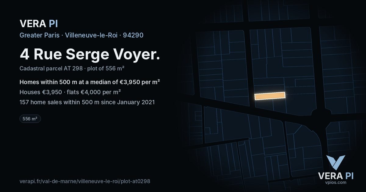 4 Rue Serge Voyer, Villeneuve-le-Roi at night – the plot lit, the parcels around coloured by the prices near them