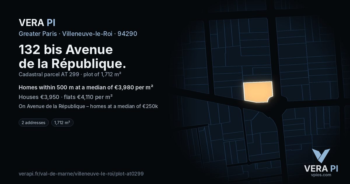 132 bis Avenue de la République, Villeneuve-le-Roi at night – the plot lit, the parcels around coloured by the prices near them