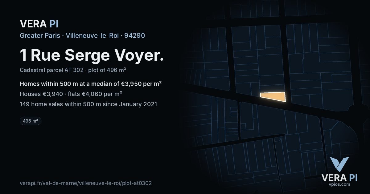 1 Rue Serge Voyer, Villeneuve-le-Roi at night – the plot lit, the parcels around coloured by the prices near them