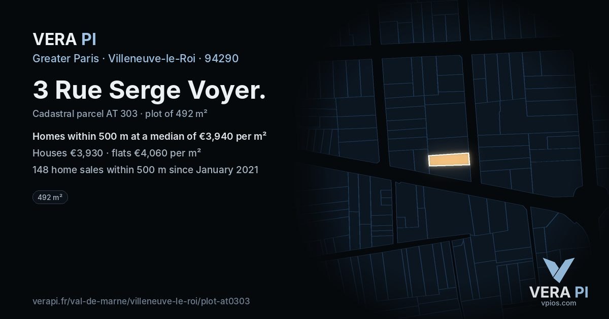 3 Rue Serge Voyer, Villeneuve-le-Roi at night – the plot lit, the parcels around coloured by the prices near them