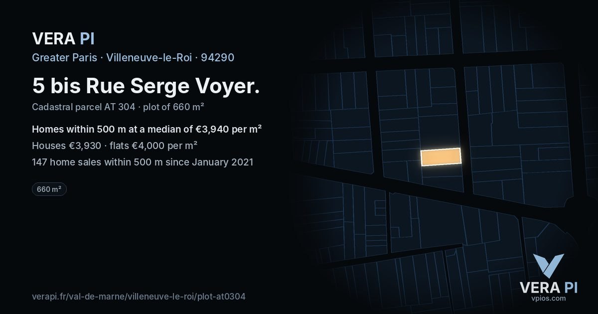 5 bis Rue Serge Voyer, Villeneuve-le-Roi at night – the plot lit, the parcels around coloured by the prices near them