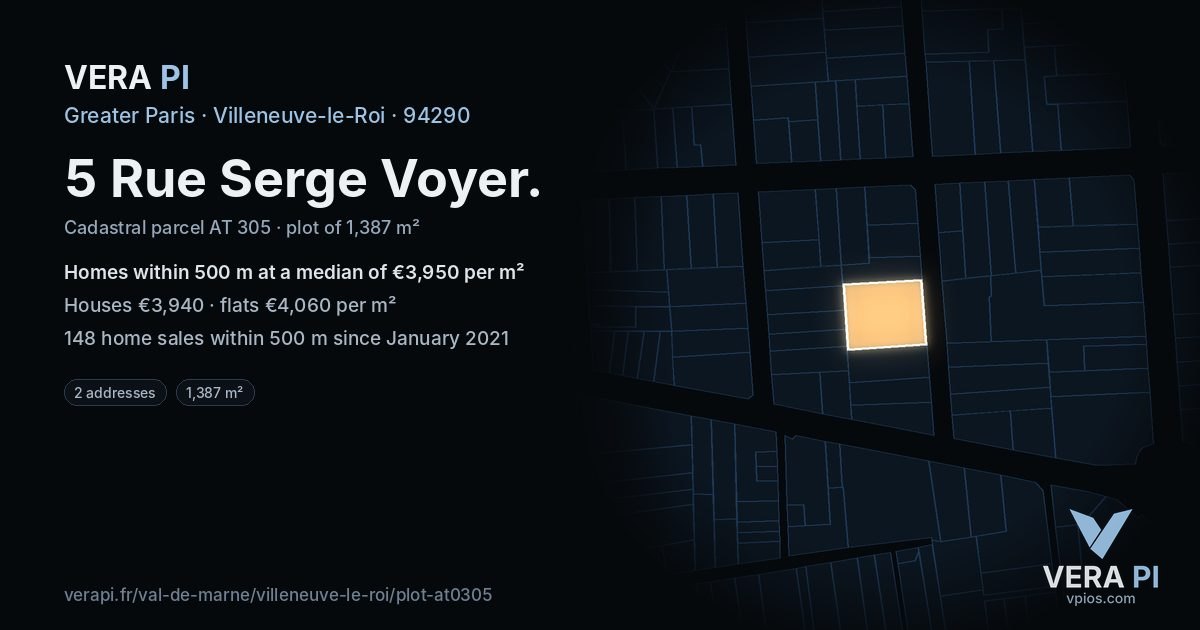 5 Rue Serge Voyer, Villeneuve-le-Roi at night – the plot lit, the parcels around coloured by the prices near them