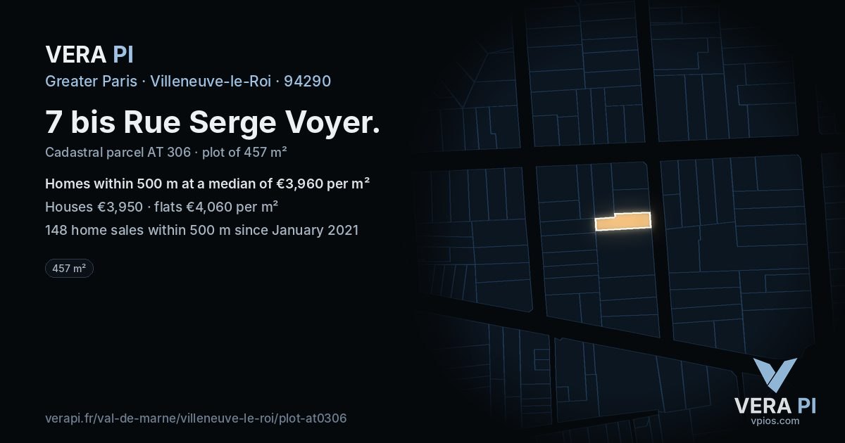 7 bis Rue Serge Voyer, Villeneuve-le-Roi at night – the plot lit, the parcels around coloured by the prices near them