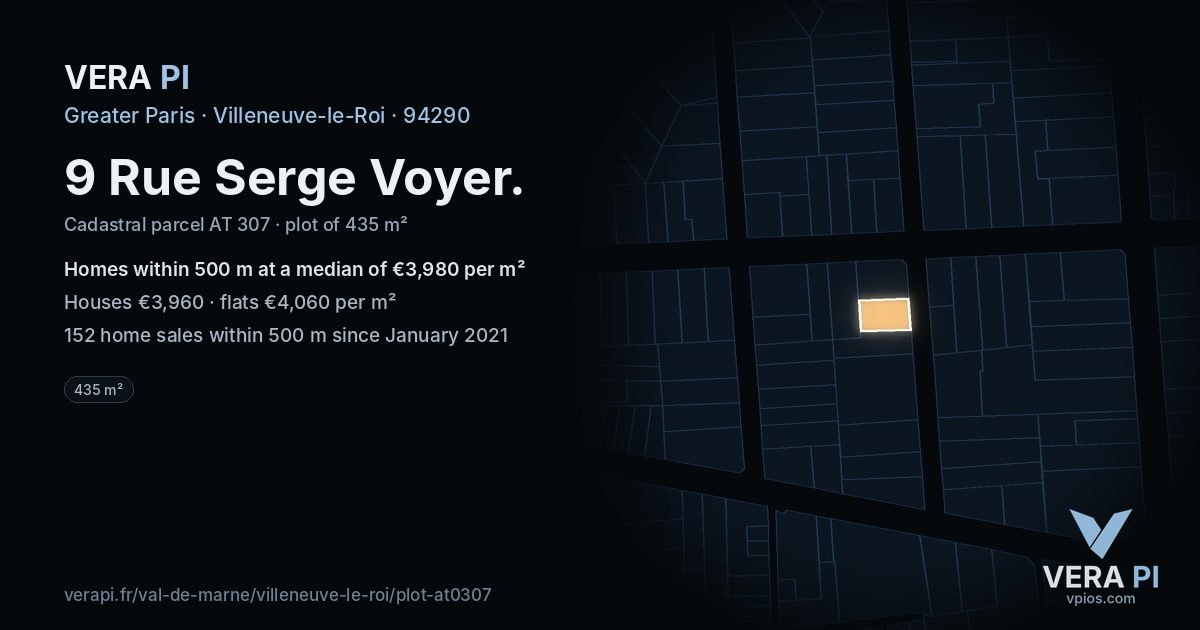 9 Rue Serge Voyer, Villeneuve-le-Roi at night – the plot lit, the parcels around coloured by the prices near them