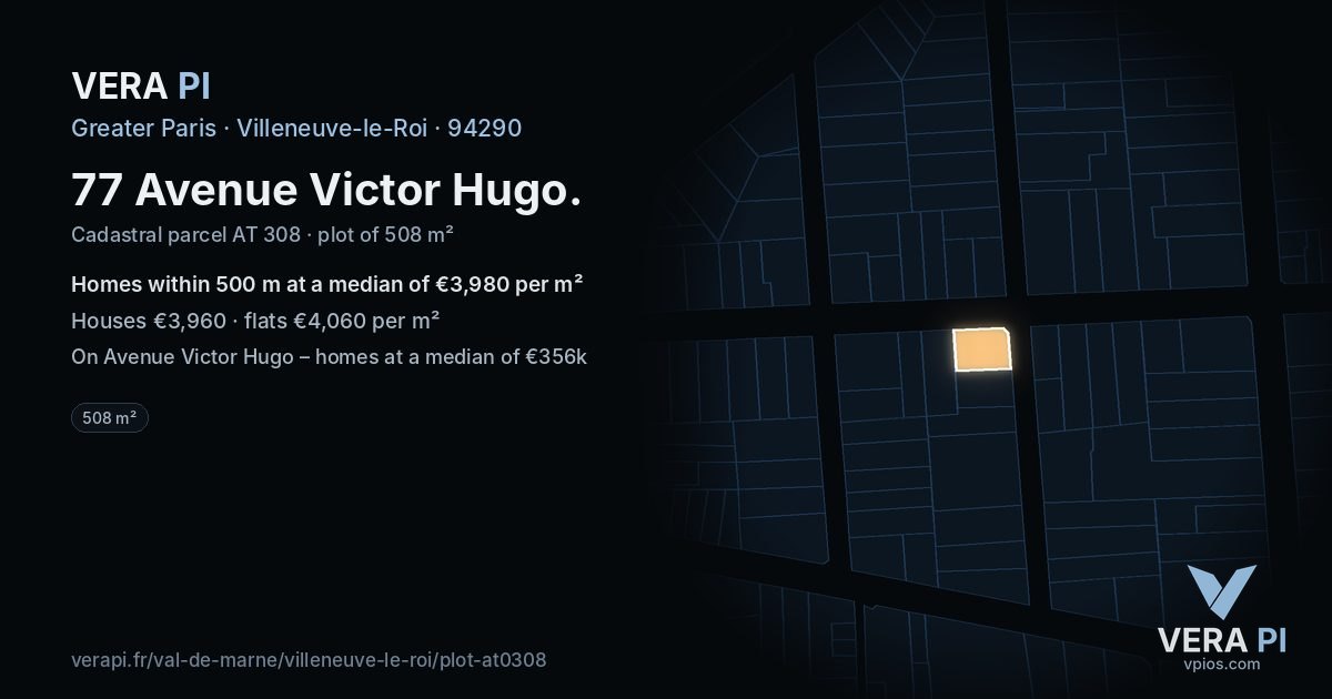 77 Avenue Victor Hugo, Villeneuve-le-Roi at night – the plot lit, the parcels around coloured by the prices near them