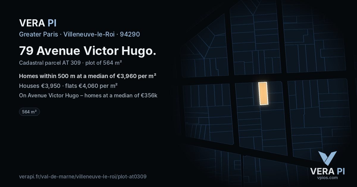 79 Avenue Victor Hugo, Villeneuve-le-Roi at night – the plot lit, the parcels around coloured by the prices near them