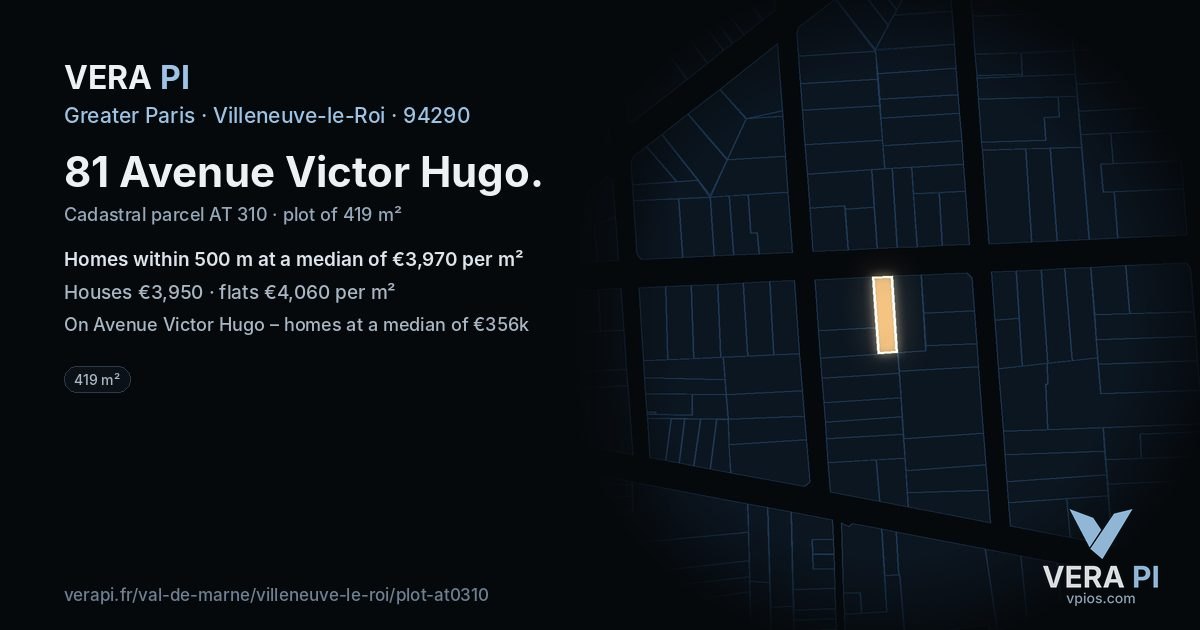 81 Avenue Victor Hugo, Villeneuve-le-Roi at night – the plot lit, the parcels around coloured by the prices near them