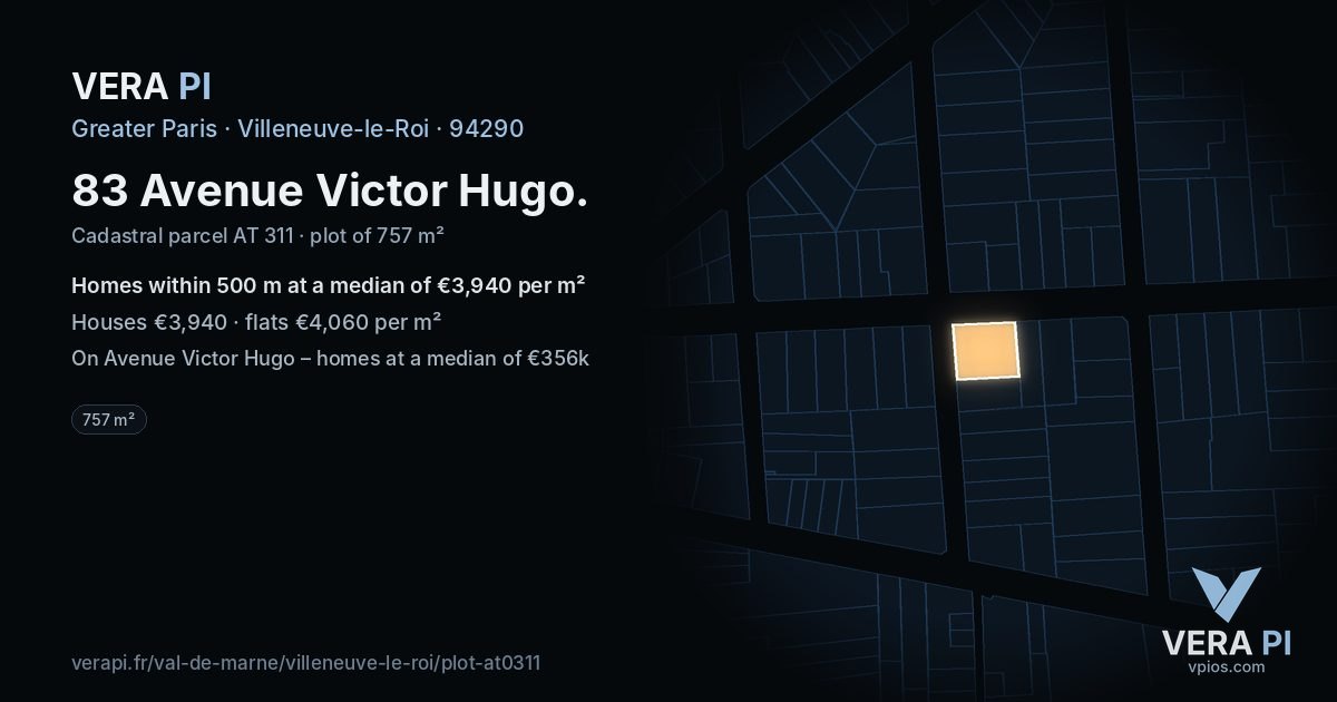 83 Avenue Victor Hugo, Villeneuve-le-Roi at night – the plot lit, the parcels around coloured by the prices near them