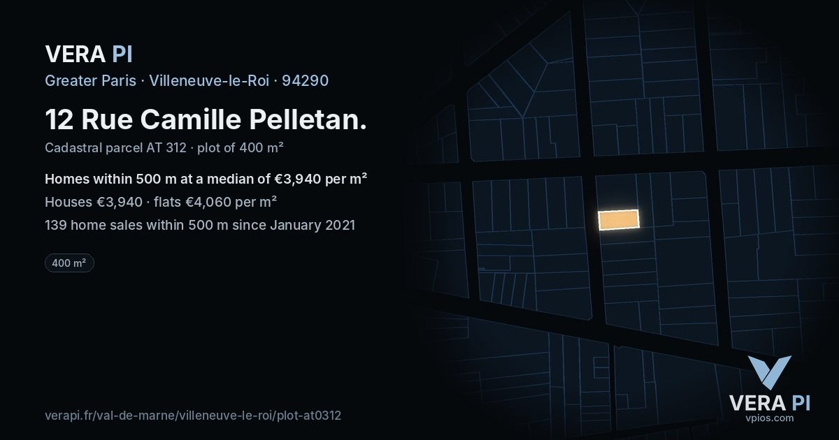 12 Rue Camille Pelletan, Villeneuve-le-Roi at night – the plot lit, the parcels around coloured by the prices near them