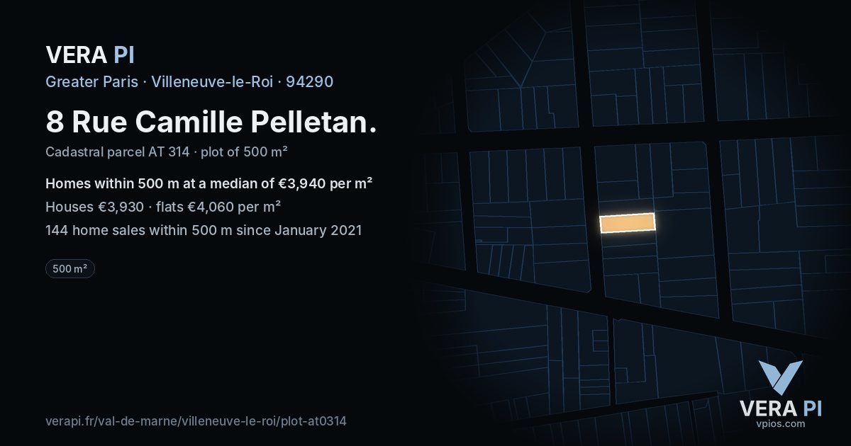 8 Rue Camille Pelletan, Villeneuve-le-Roi at night – the plot lit, the parcels around coloured by the prices near them