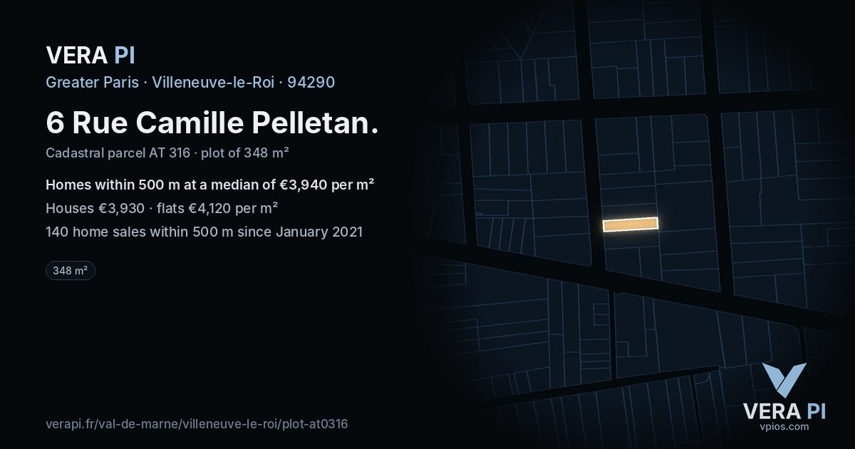 6 Rue Camille Pelletan, Villeneuve-le-Roi at night – the plot lit, the parcels around coloured by the prices near them
