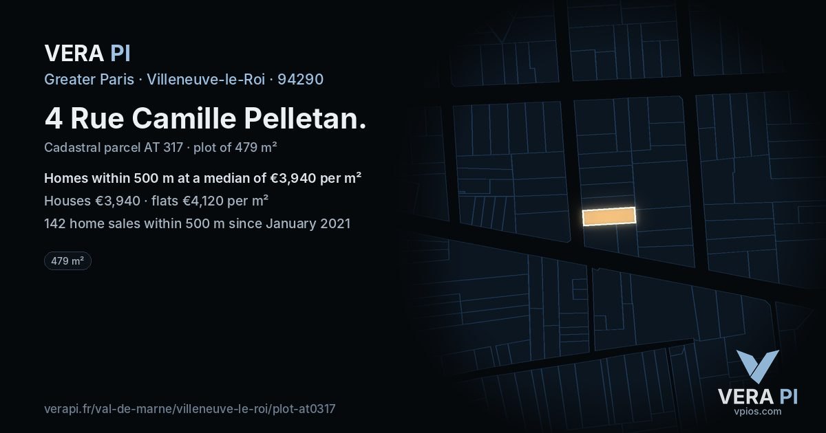 4 Rue Camille Pelletan, Villeneuve-le-Roi at night – the plot lit, the parcels around coloured by the prices near them