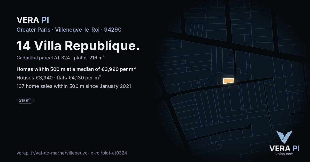 14 Villa Republique, Villeneuve-le-Roi at night – the plot lit, the parcels around coloured by the prices near them
