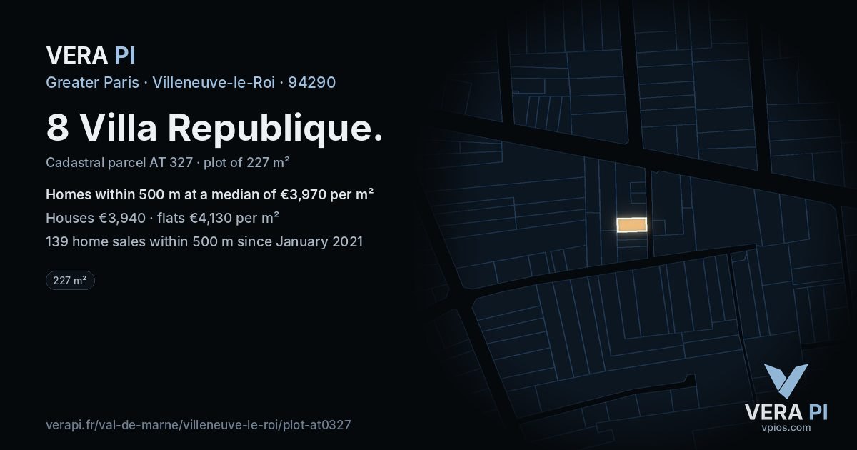 8 Villa Republique, Villeneuve-le-Roi at night – the plot lit, the parcels around coloured by the prices near them