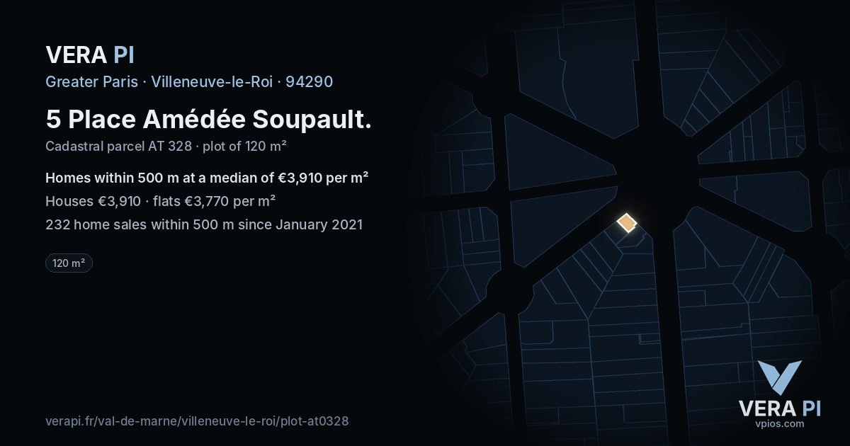 5 Place Amédée Soupault, Villeneuve-le-Roi at night – the plot lit, the parcels around coloured by the prices near them