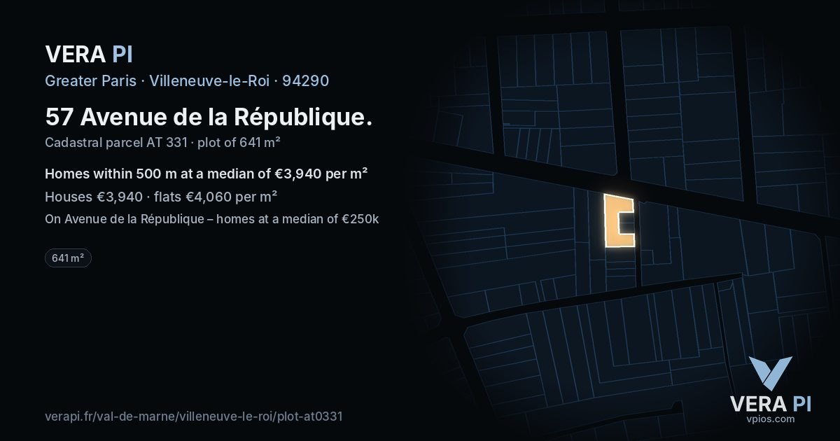 57 Avenue de la République, Villeneuve-le-Roi at night – the plot lit, the parcels around coloured by the prices near them